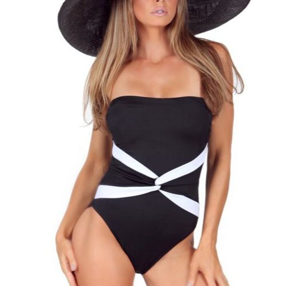Instant Figure Twist Strapless Tummy Control Bandeau One Piece Swimsuit 6 Black